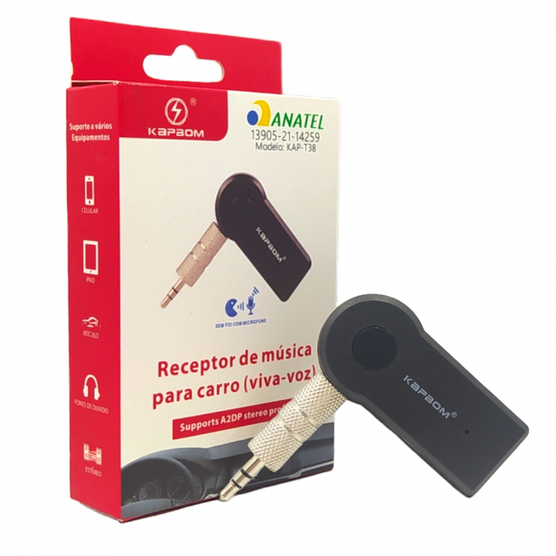 Adaptador Receptor Bluetooth MP3 Som de Carro P2 Auxiliar Kapbom KAP-T38