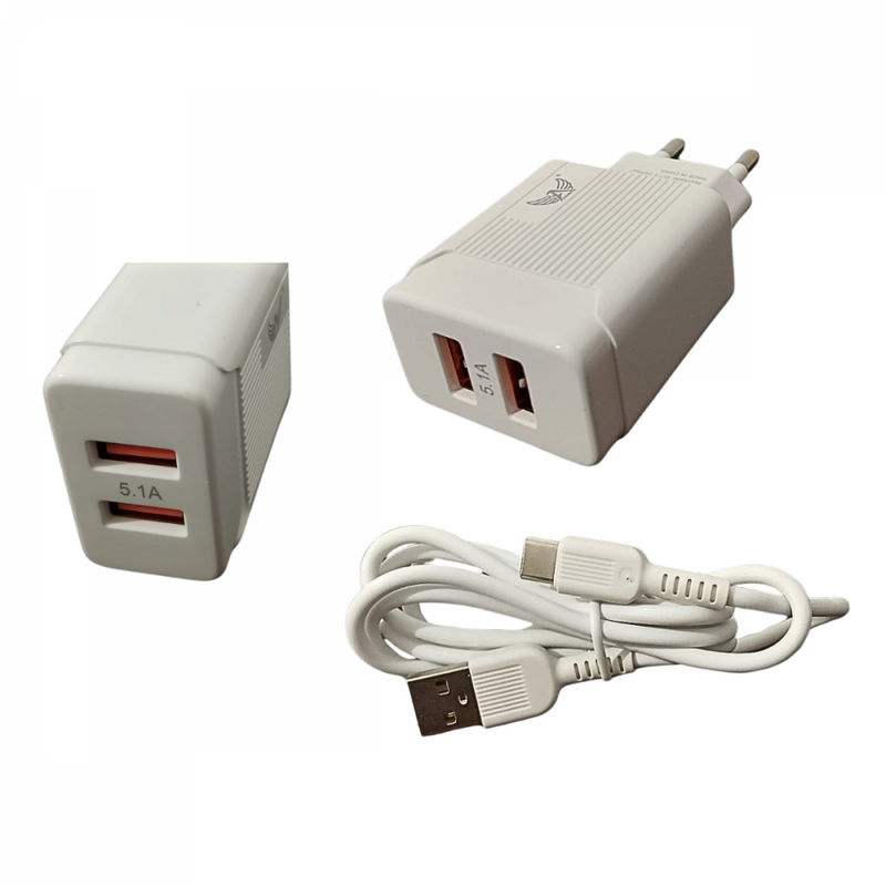 Carregador Completo TIPO-C 5.1A com 02 Portas USB Cabo Móvel 1 metro Altomex AL-9301-TY