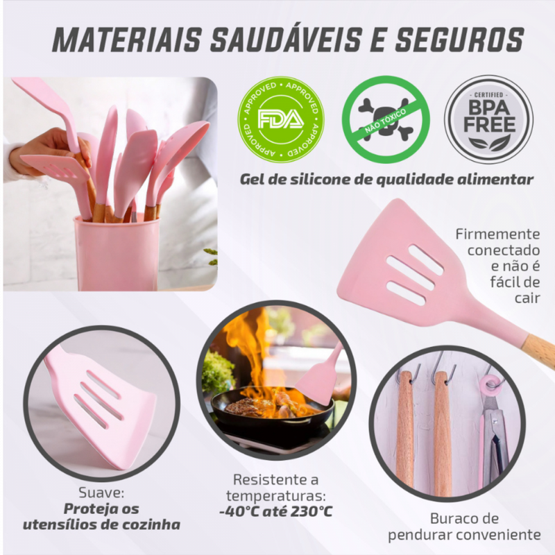 Jogo de Cozinha Kit C/12 Peças Utensílios de Cozinha em Silicone e Cabo de Madeira Antiaderentes XLS CJ-028