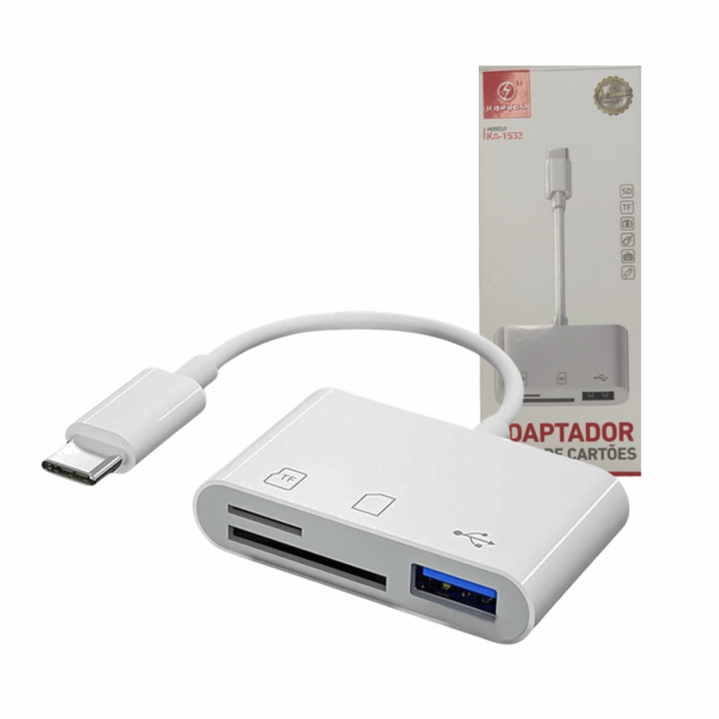 Adaptador OTG conexão USB Tipo-C e Leitor de Cartão SD, TF E USB Kapbom KA-1532